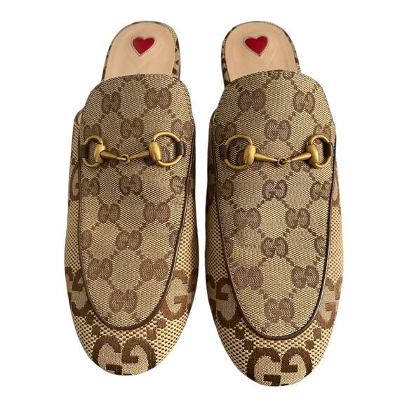 Gucci Princetown Horsebit Detail Leather Canvas Jacquard Mule Slippers Beige 8.5 - Picture 2 of 13